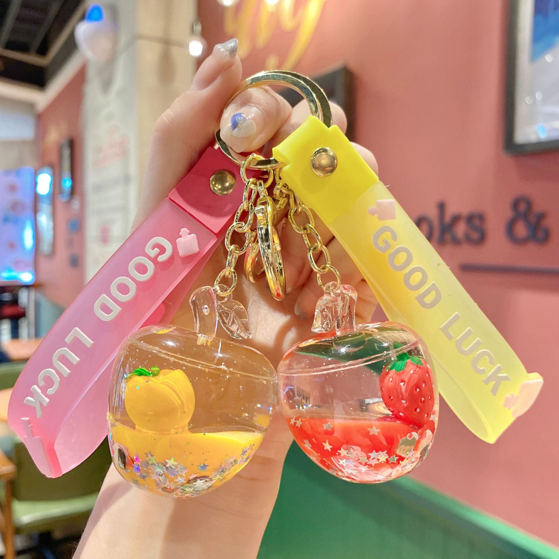 Wholesale Acrylic Oil Quicksand Bottle Fruit Series Keychain
